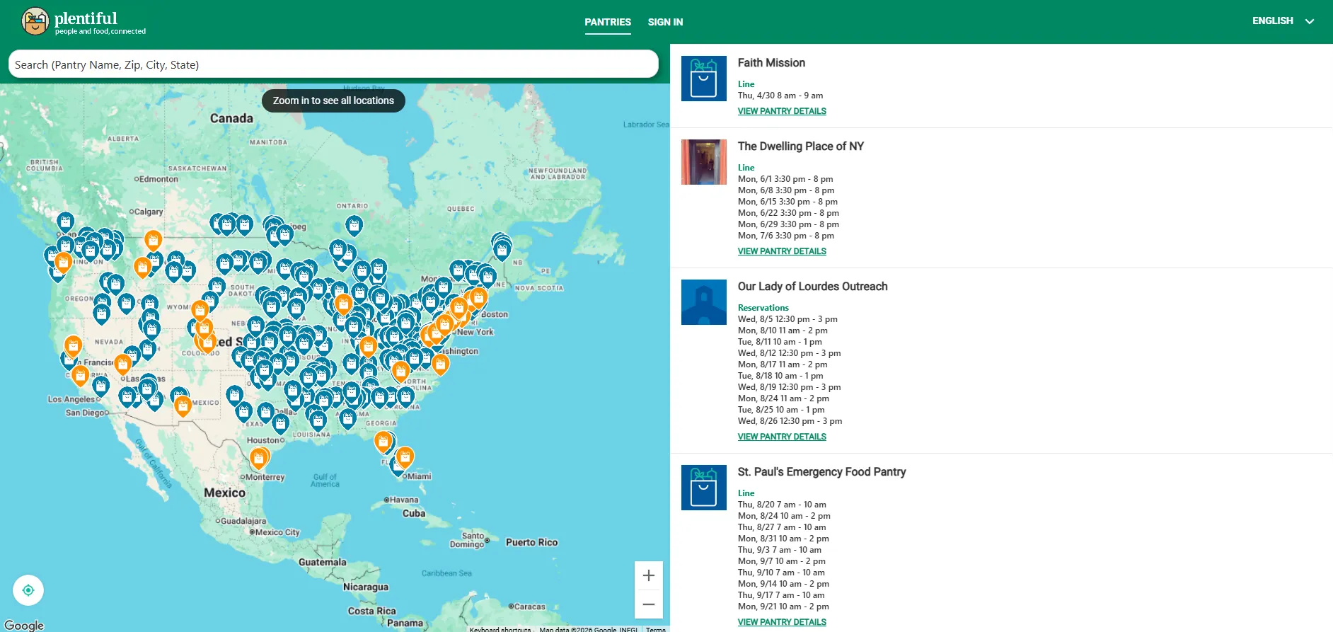 The Plentiful directory: a map of the United States covered in pantry pins, beside a list of pantries showing their next reservation and line times.