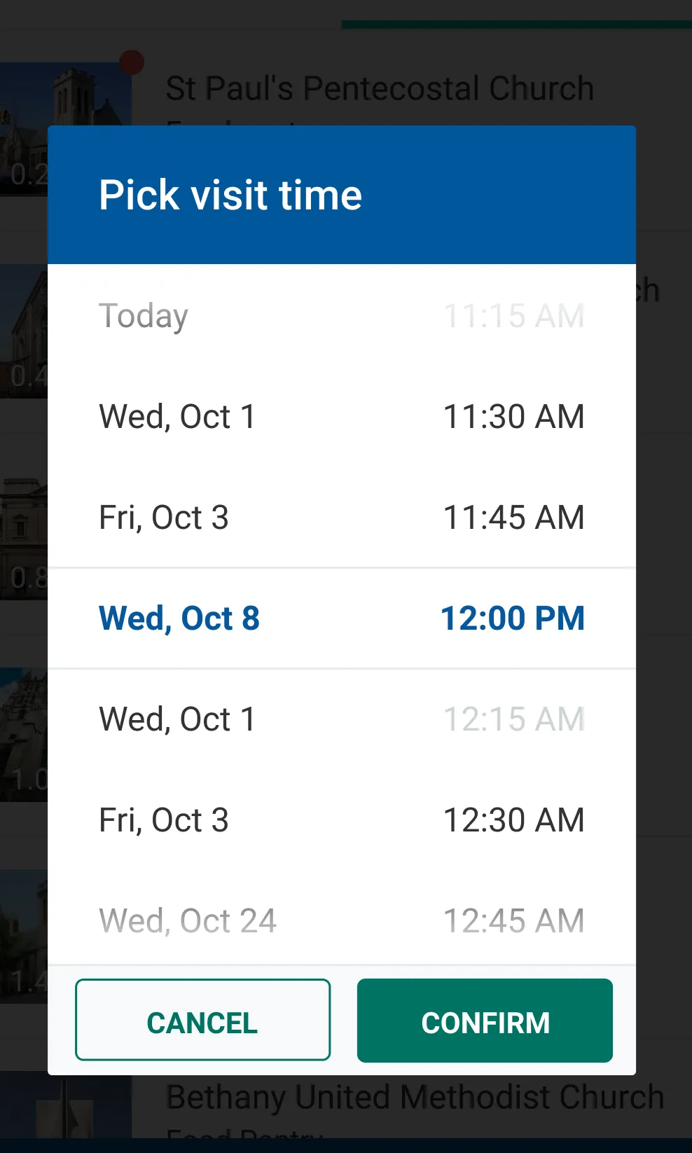 The Plentiful app's Pick visit time sheet, with selectable appointment slots.