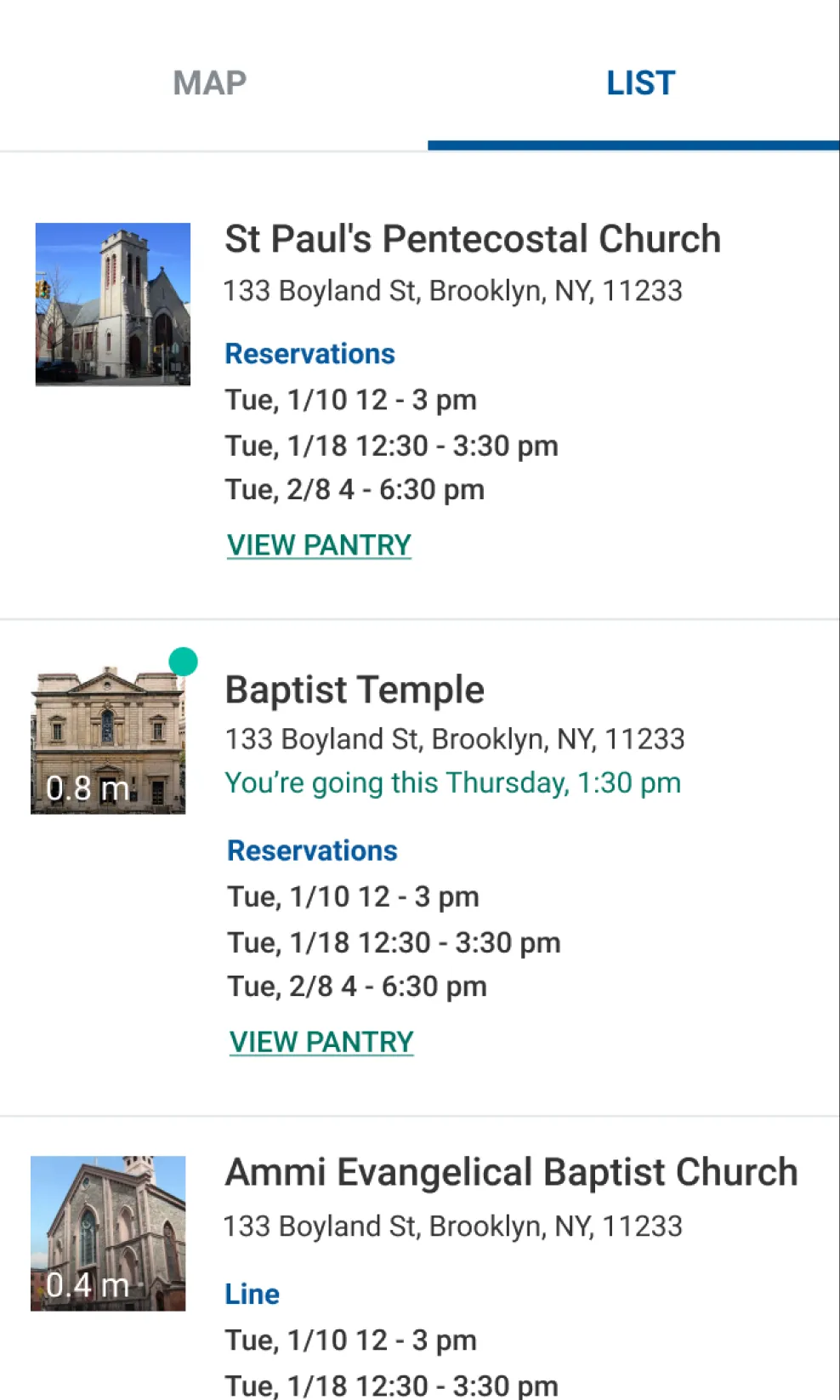 The Plentiful app listing nearby pantries with their reservation times.